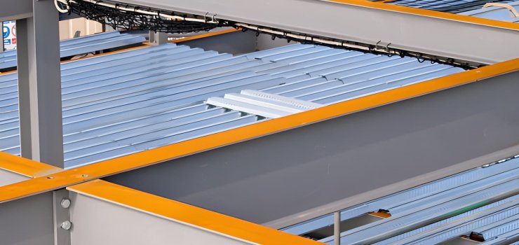 Marco de vigas metálicas e instalación parcial de lámina Losacero