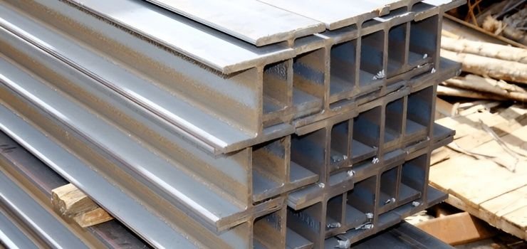 Pilas de vigas de acero IPS en obra