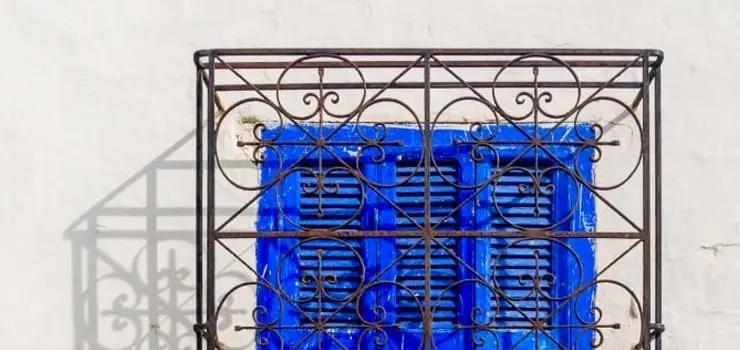 Protección de herrería rústica para ventana pequeña adornada con flores