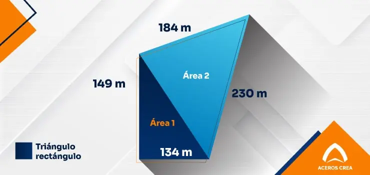 Esquema de terreno dividido en 2 triángulos - cómo sacar metros cuadrados
