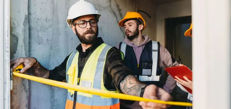 Trabajadores midiendo el espacio de una puerta para restarlo a los m² de una construcción