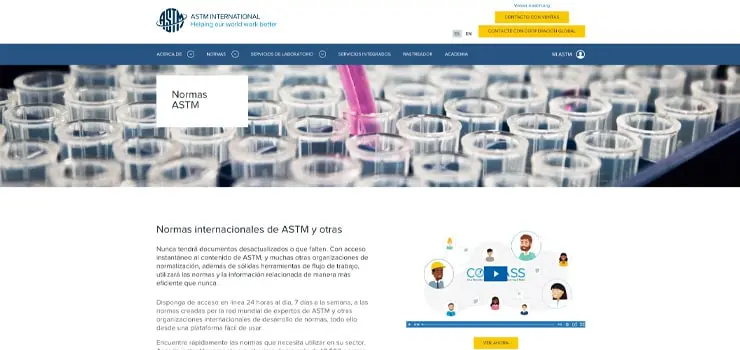 Captura de pantalla del sitio web oficial de astm al descargar una de las normas