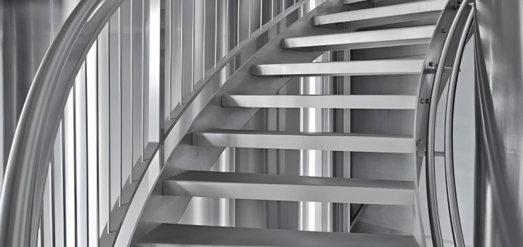 Escalera de herrería moderna y curva de acero inoxidable