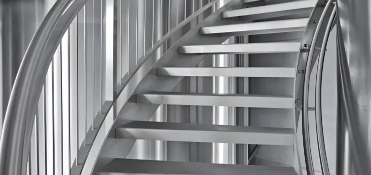 Escalera de herrería moderna y curva de acero inoxidable
