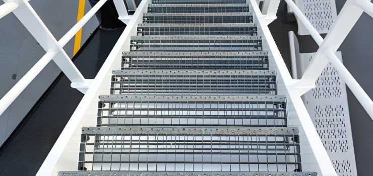 Escalera de herrería moderna recta, blanca y con escalones de rejilla electroforjada