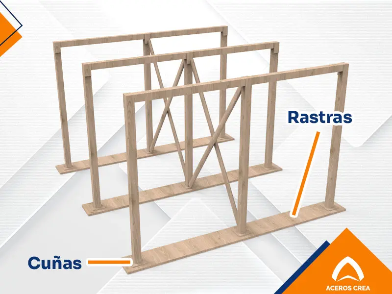 Esquema de cimbra de madera para losa maciza con rastras y cuñas colocadas