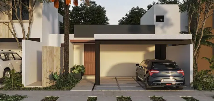 Fachada de casa moderna de un piso con cochera pequeña
