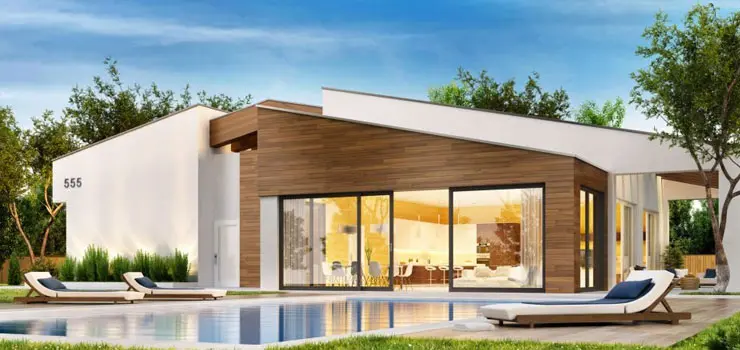 Fachada de casa moderna de un piso con techo inclinado