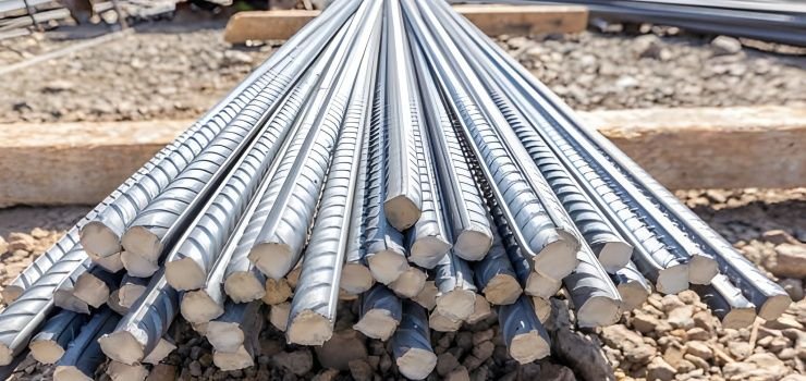 Detalle de grupo de varillas corrugadas apiladas en una obra