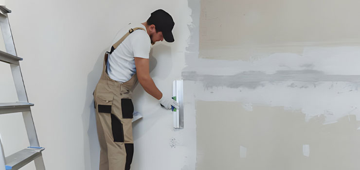Trabajador realizando los acabados al interior de una casa a partir de cemento blanco