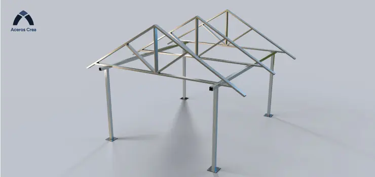 Esquema de estructura de acero con armaduras triangulares sobre largueros y postes