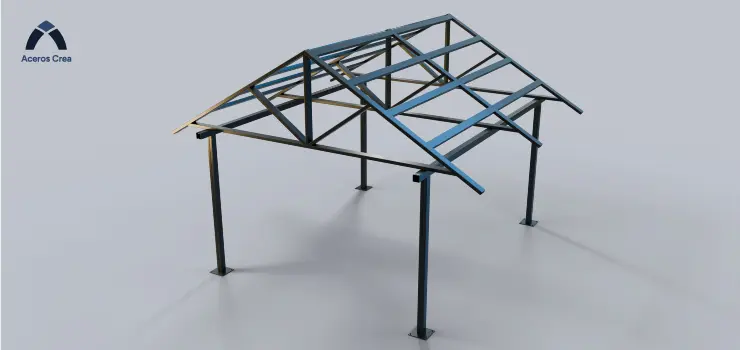 Esquema de estructura de acero completa y pintada para techo a dos aguas con refuerzos horizontales y cumbrera