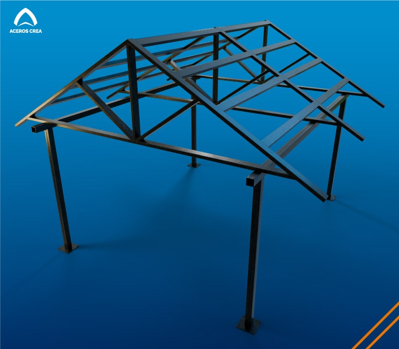 Esquema de estructura de acero completa y pintada para techo a dos aguas