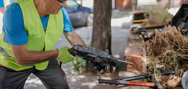 Persona usando un taladro martillo para perforar un muro de ladrillo