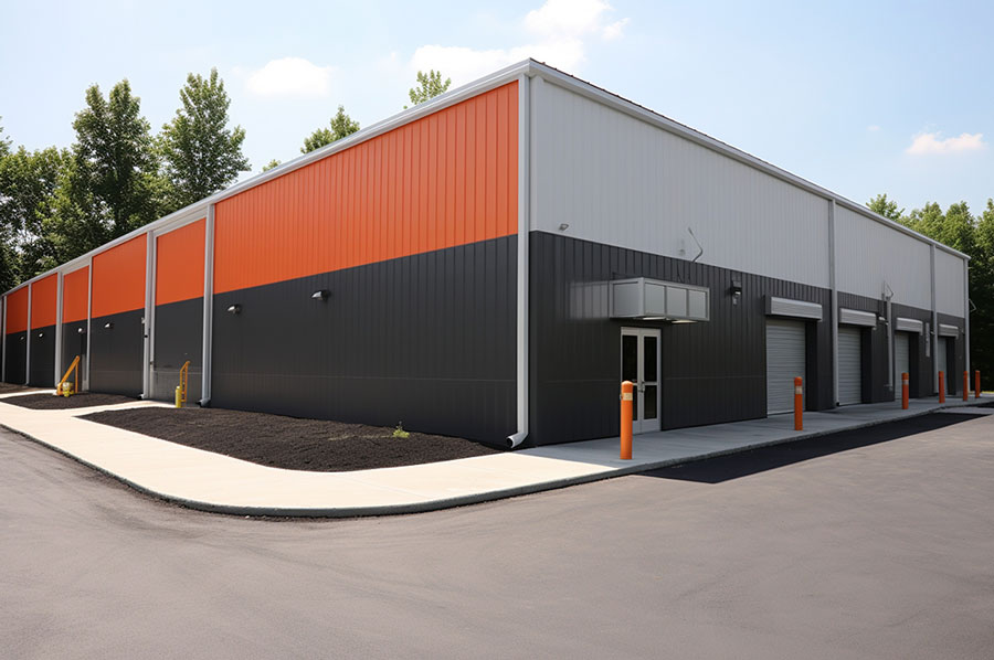 Vista frontal de Inmueble industrial con fachada de Multymuro - Multipanel en colores naranja, negro y blanco