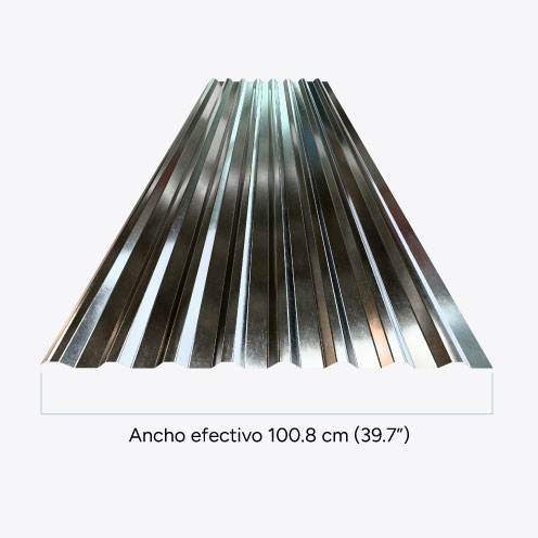 Vista frontal de Lámina R101 Galvanizada con especificación de ancho efectivo de 100.8 cm