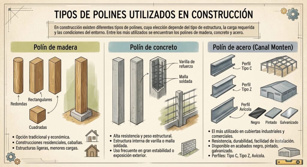 Polines de acero y madera para techos y estructuras de construcción