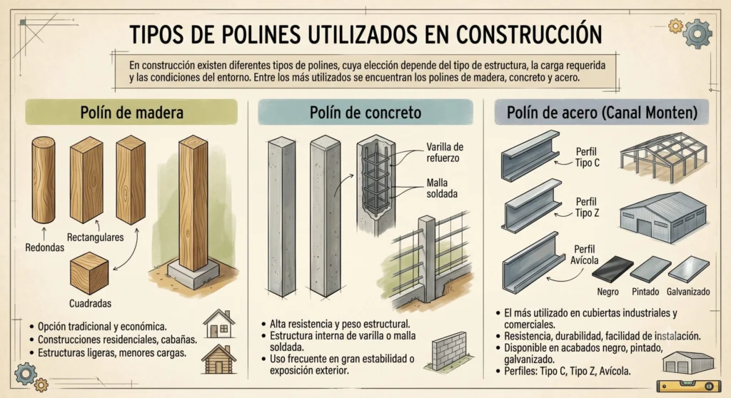 Polines de acero y madera para techos y estructuras de construcción
