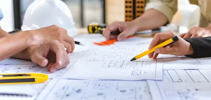 Manos y brazos de personas trabajando en un plano estructural