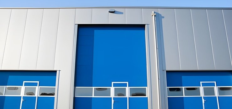 Fachada de nave industrial con puertas y ventanas