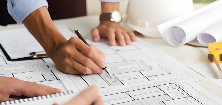Manos de personas trabajando sobre planos de construcción