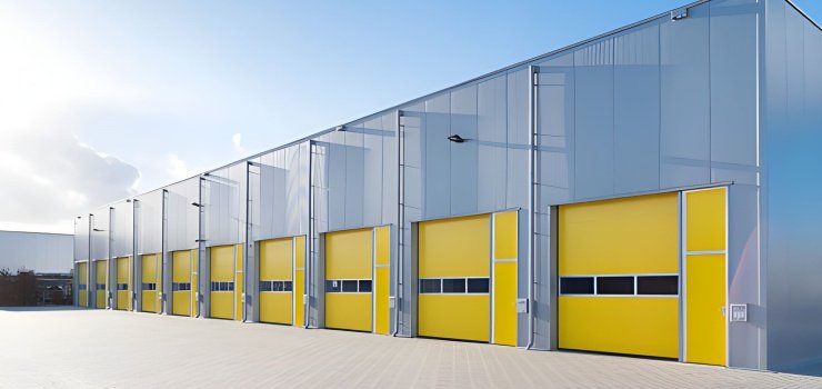 Nave industrial prefabricada color blanco con 10 puertas amarillas para carga y descarga de mercancías