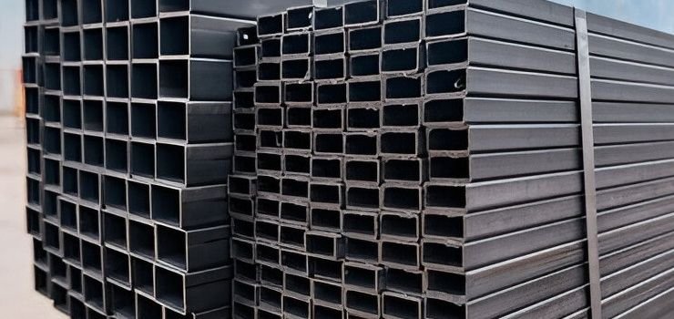 Perfiles cuadrados y rectangulares apilados y sujetados sobre camión