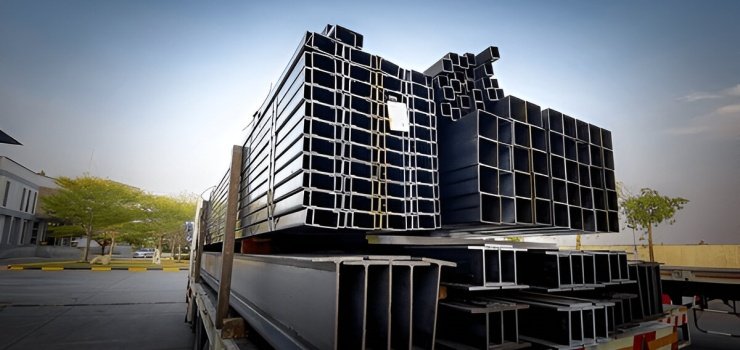 Perfiles de acero en diferentes tamaños y formas apilados sobre plataforma de camión