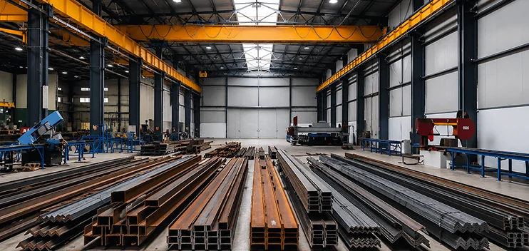 Distintos tipos de perfiles estructurales en un almacén de gran dimensión