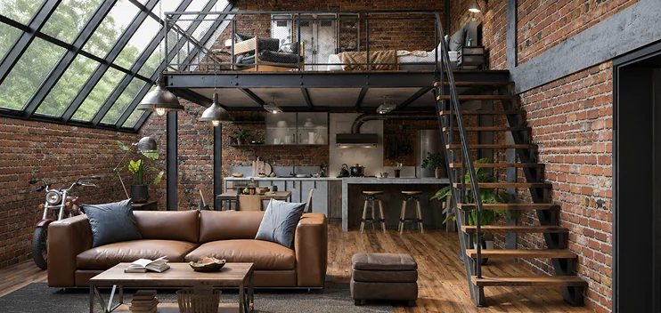 Vivienda de estilo industrial con mezzanine, ventanal y cubierta a base de acero estructural