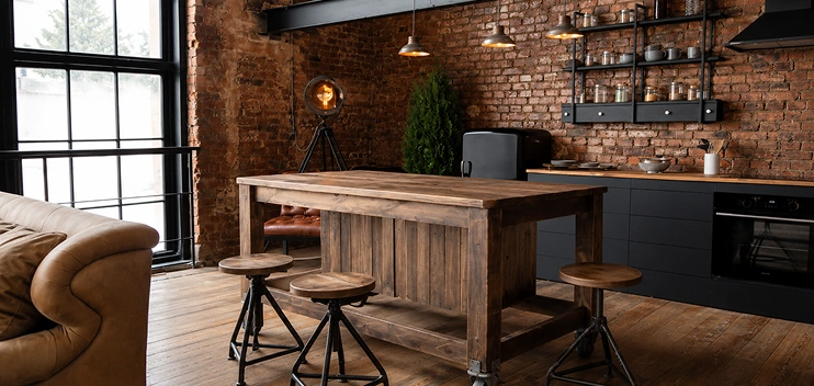 Interior de casa con arquitectura industrial contemporánea